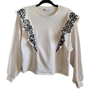 Zara Ivory Scribble Bib Long Sleeve Blouse SZ M